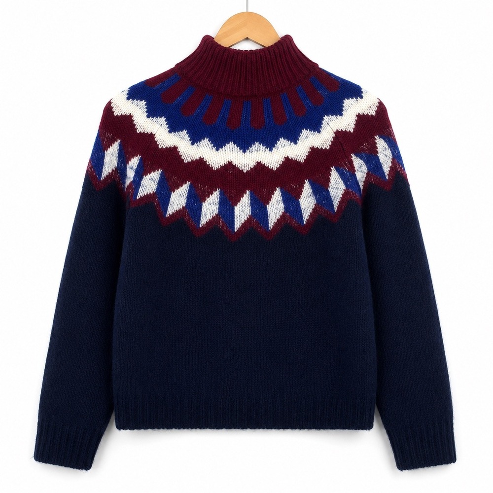 Navy Blue Fair Isle Wool Alpaca Turtleneck Sweater Geometric Yoke AF026 HO19